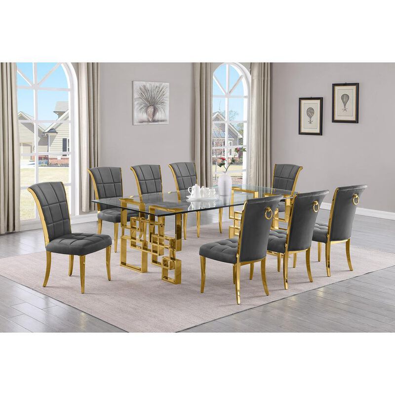 9-piece glam dining set with 8 dark grey chairs and a 95" long glass  table