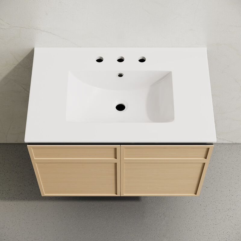 30" Wall-Mounted Bathroom Vanity in Natural Oak with 3-Hole Widespread Sink Top image number 2