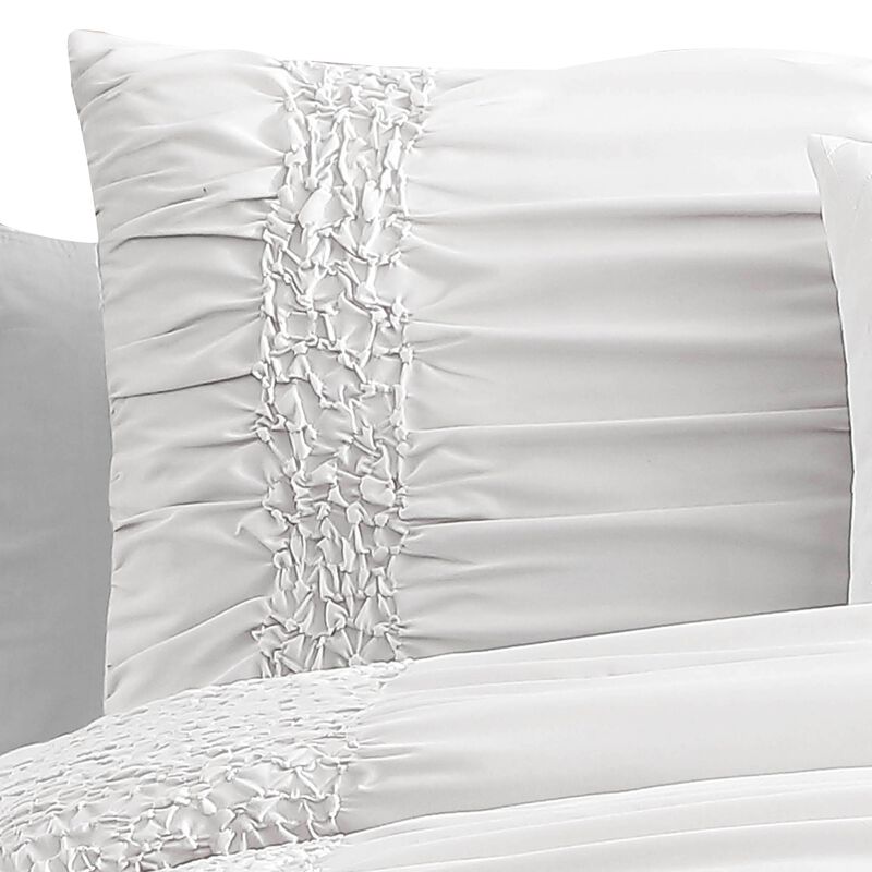 4 Piece Twin Comforter Set with Ruching Details, White - Benzara