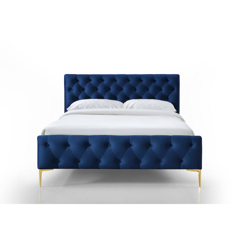Omax Decor France Wood and Fabric Upholstered Queen Platform Bed in Blue