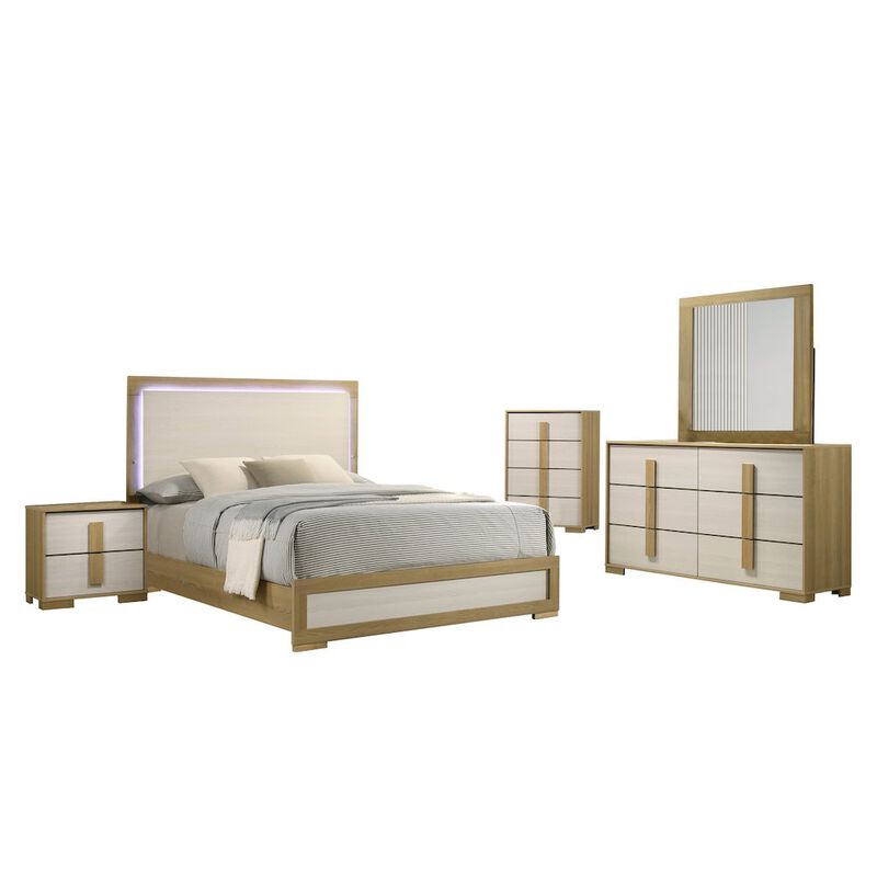 Best Quality Furniture 5 piece - Beige wood bedroom set (Bed+NS+Dresser+Mirror+Chest), Queen