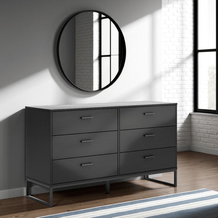Alli Wide Dresser, 6 Drawers, Matte Black Wood, Metal Base, 59 Inch