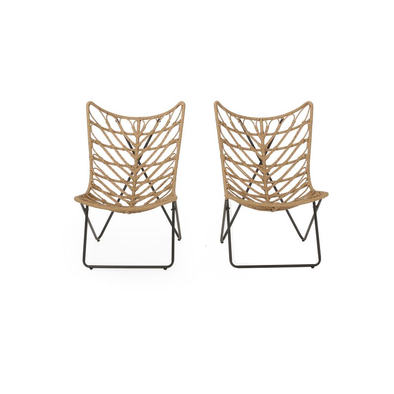 Fordy Outdoor Chair Set of 2, Curved Seat, Brown Rattan, Black Metal - Benzara