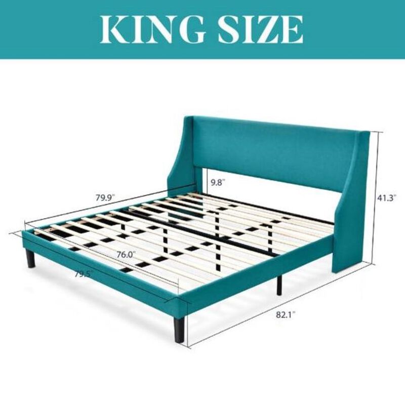 Hivvago King Size Upholstered Linen Blend Headboard Wingback Platform Bed in Turquoise