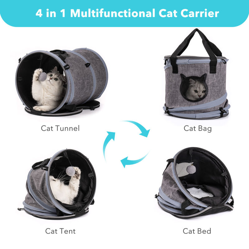 3 in 1 Cat Bed, Foldable Tunnel Pet Travel Carrier Bag Toy Cat Bed with Plush Balls for Indoor Cats Puppy