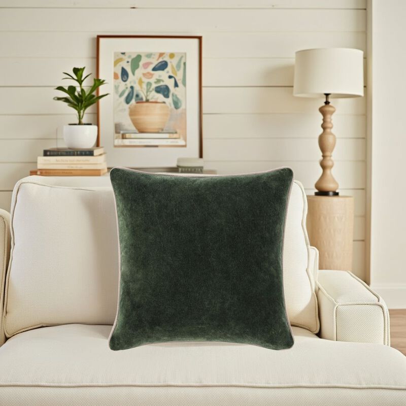May Accent Throw Pillow, 22in Stonewashed Forest Green Cotton Velvet - Benzara