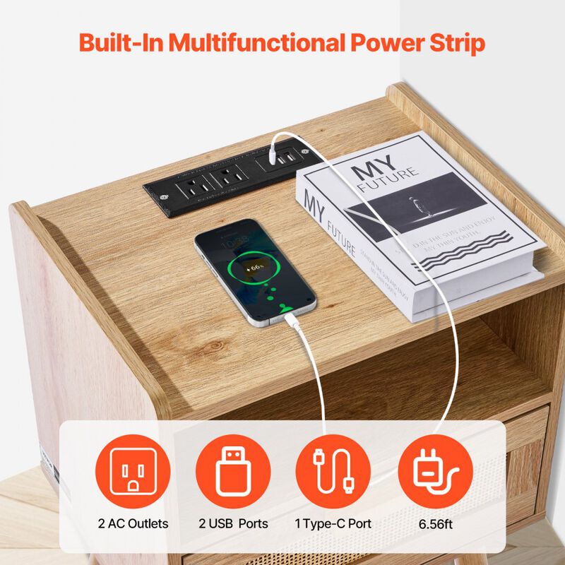 Rattan Nightstand End Table with Drawer Open Shelf Bedside Table