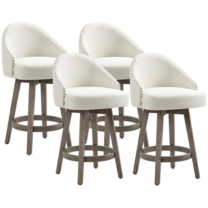 26" Counter Height Bar Stools, Linen Fabric Kitchen Stools with Nailhead Trim, Rubber Wood Legs and Footrest for Dining Room, Counter, Pub, Set of 4, Cream White