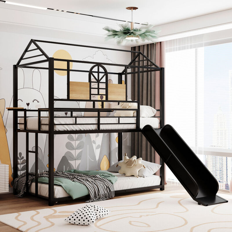 Twin Over Twin Metal Bunk Bed, Metal House Bed With Slide, Three Colors Available.(Black with Black Slide)