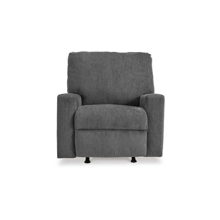 Anise Manual Rocker Recliner Chair, Pull Tab, Pewter Gray Polyester - Benzara