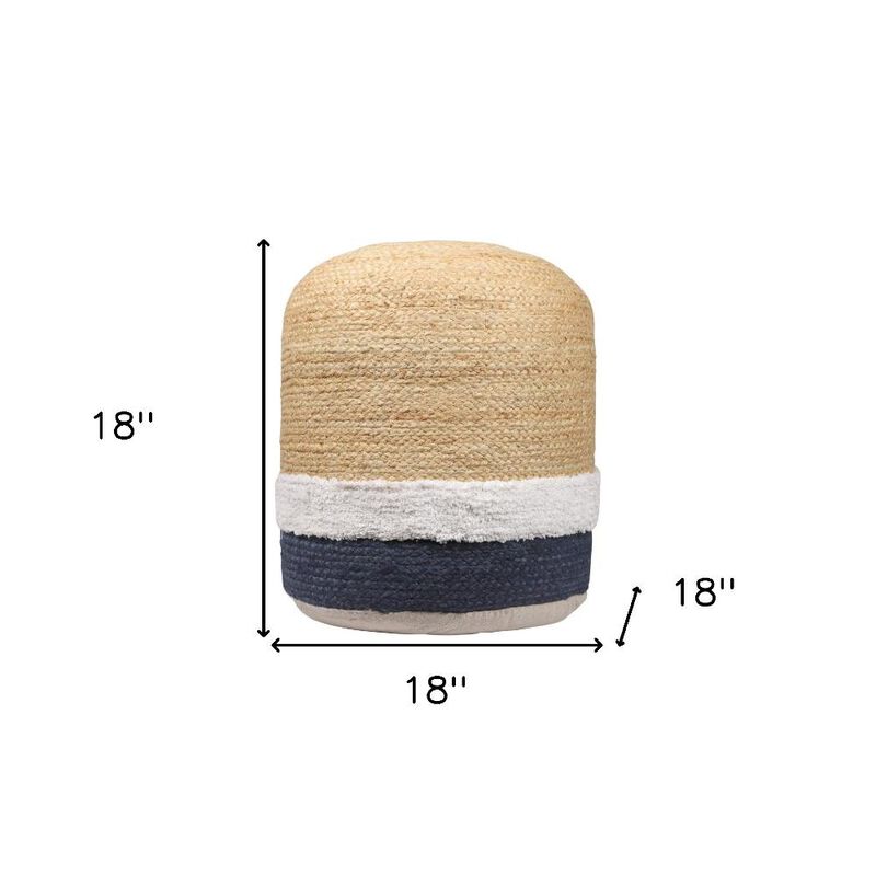 Hivvago 18 Inch Natural And Navy Blue Jute Blend Cylinder Striped Pouf Ottoman