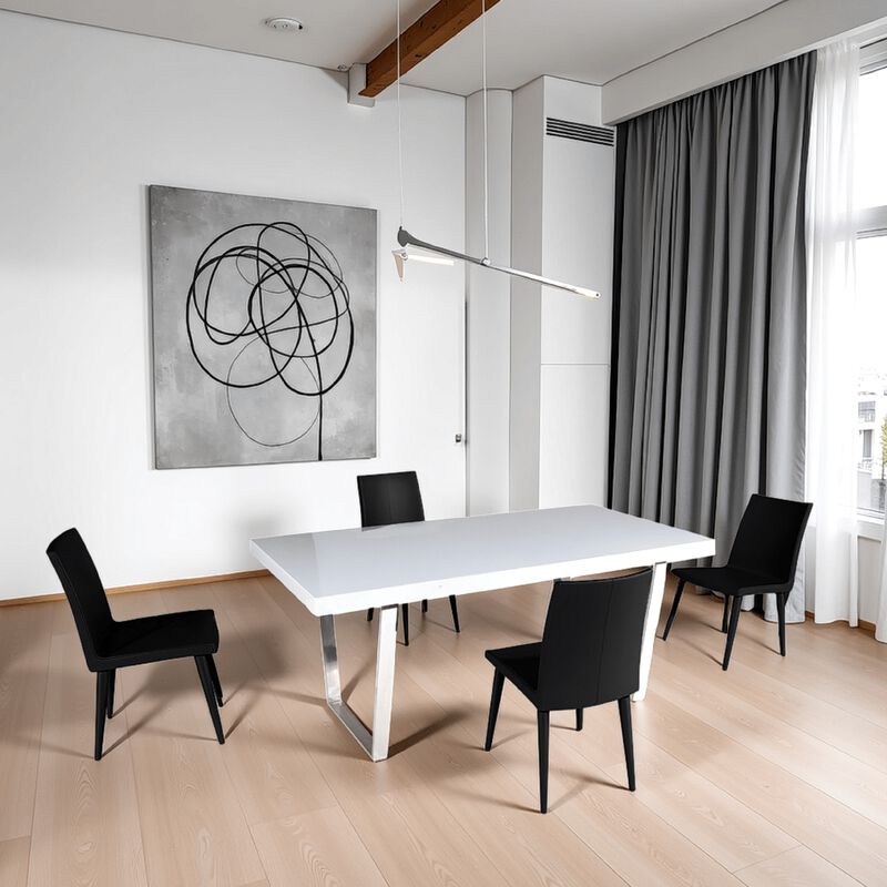 Ien 71 Inch Dining Table, Rectangular Top, Open Metal Panel, White Lacquer