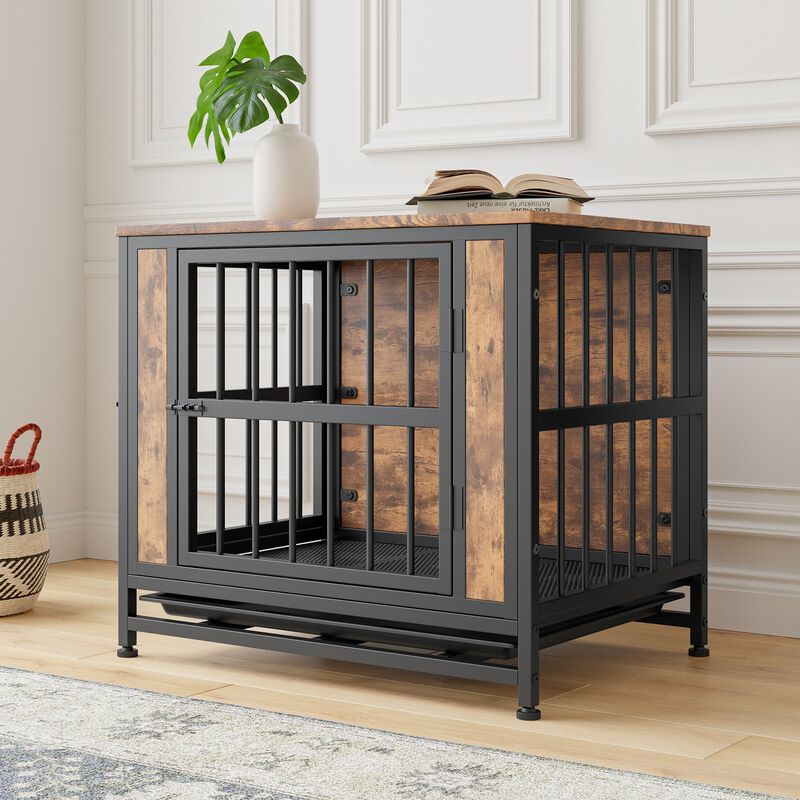 Clihome Wooden Dog Crate Table with 2 Sliding Doors and Thick Iron Door Frame image number 1
