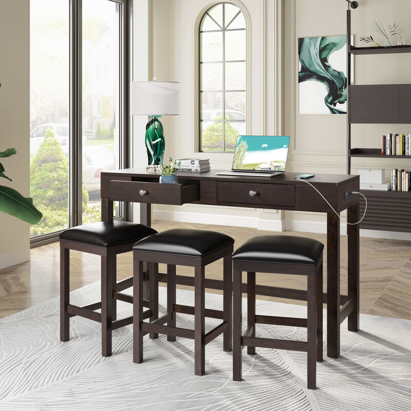4-Piece Counter Height Table Set with Socket and Leather Padded Stools image number 2
