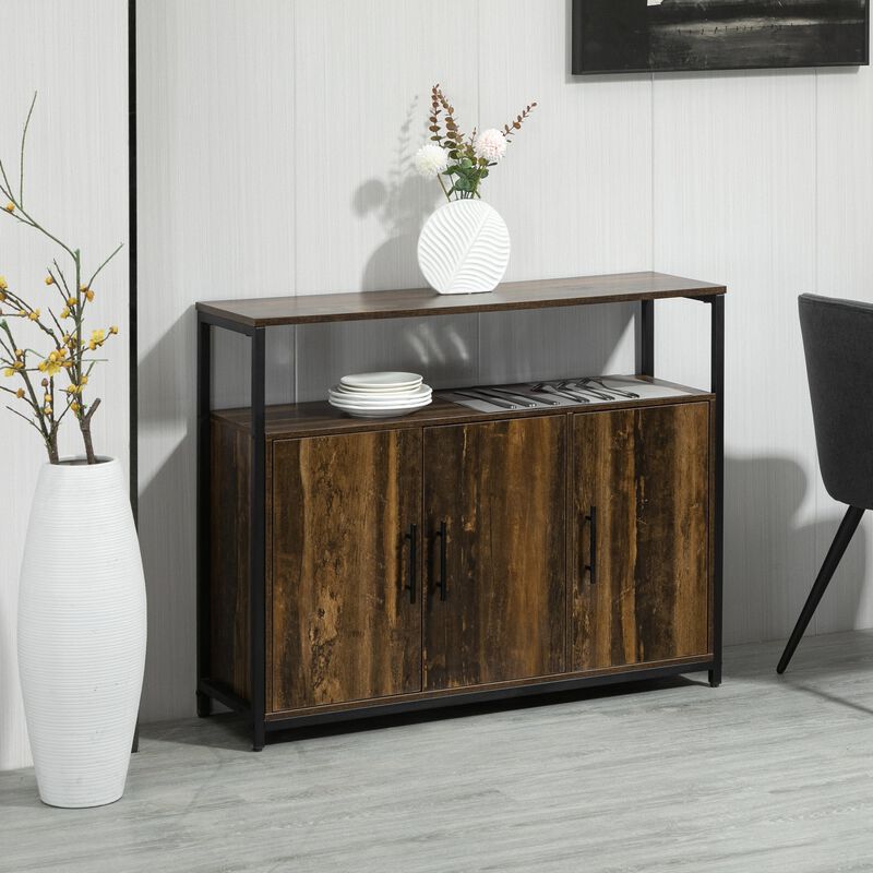 Rustic Brown Sideboard: Industrial Kitchen Buffet with Open Storage
