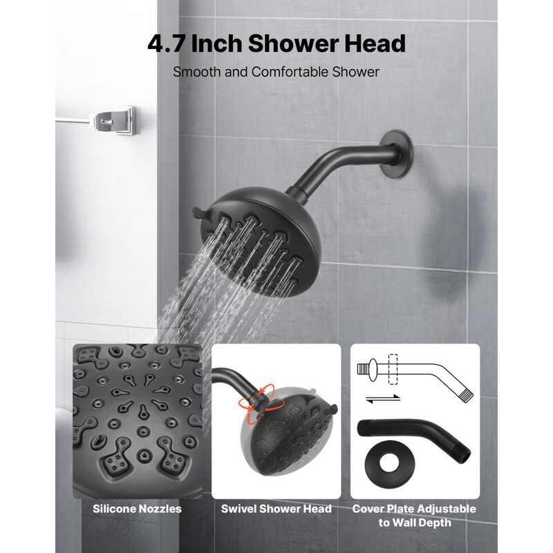 Tub and Shower Faucet Set Matte Black Rainfall Shower Head Tub Spout image number 6