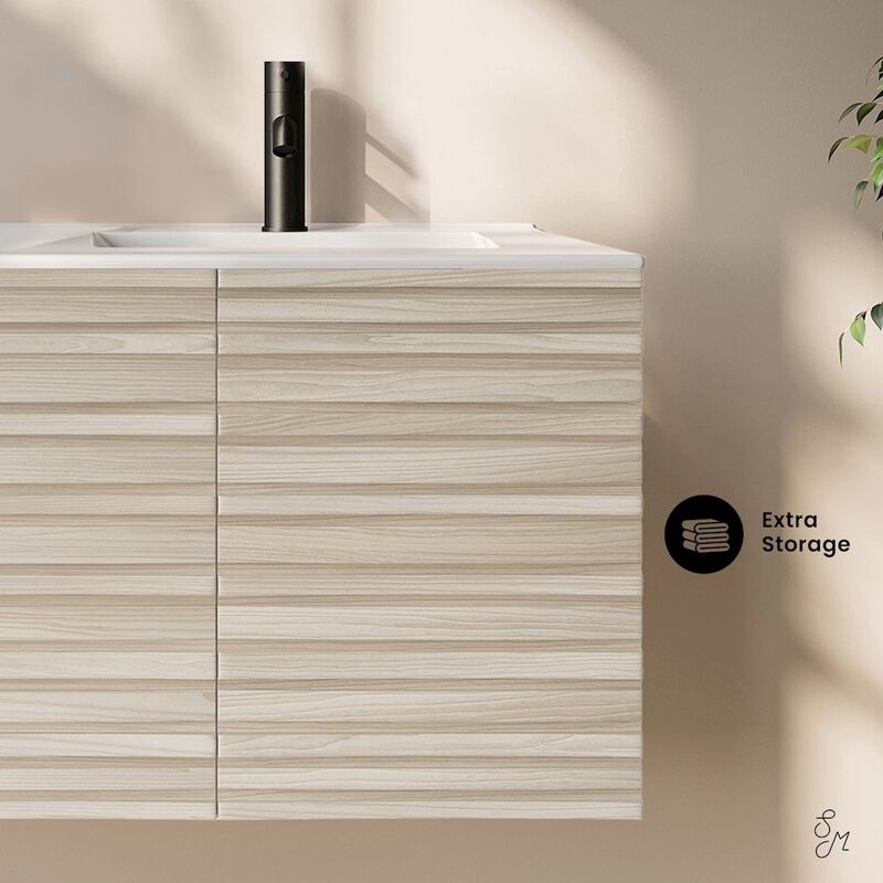 Cascade 48" Wall-Mounted Bathroom Vanity in White Oak with Double Basin Sink Top image number 2