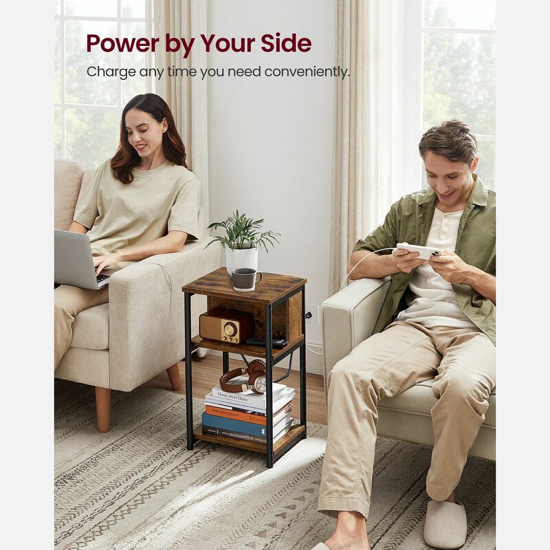 Side Table with Charging Station - 3-Tier End Table with USB Ports and Outlets for Convenient Charging