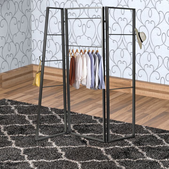 Modern Style 3 Panel Metal Screen with Hooks and Rod Hangings, Black-Benzara