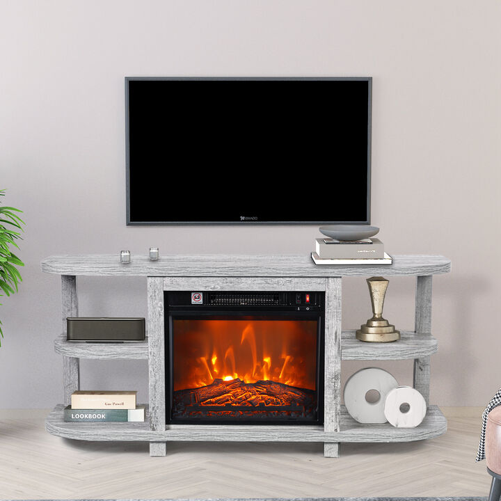 48" Light Gray TV Stand with 18" Insert Electric Fireplace and Open Storage Shelves Media Console for TVs up to 55"