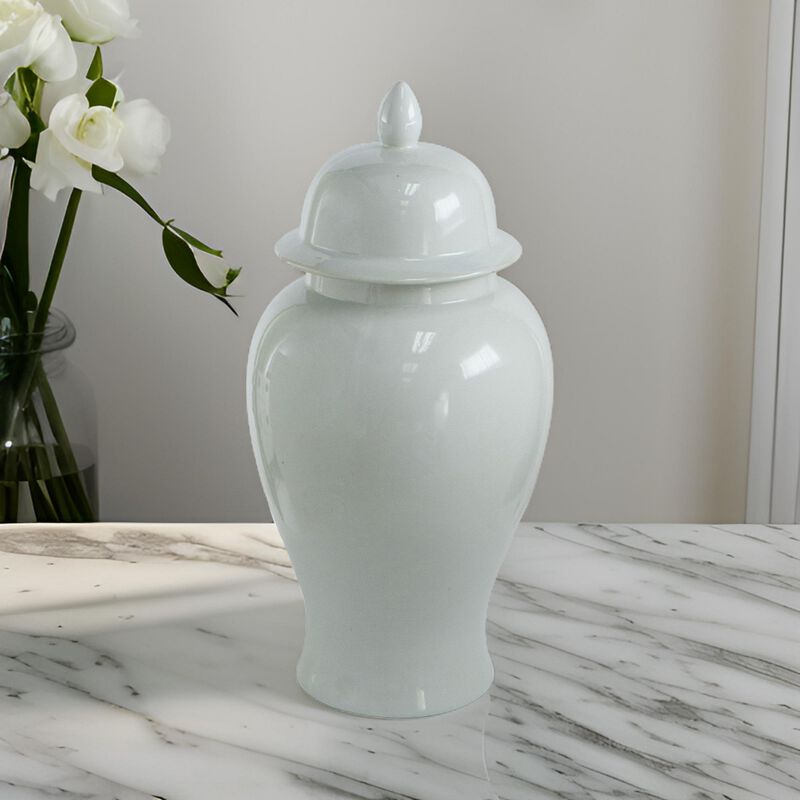 Deva 20 Inch Medium Porcelain Ginger Jar, Classic White Glossy Finish - Benzara