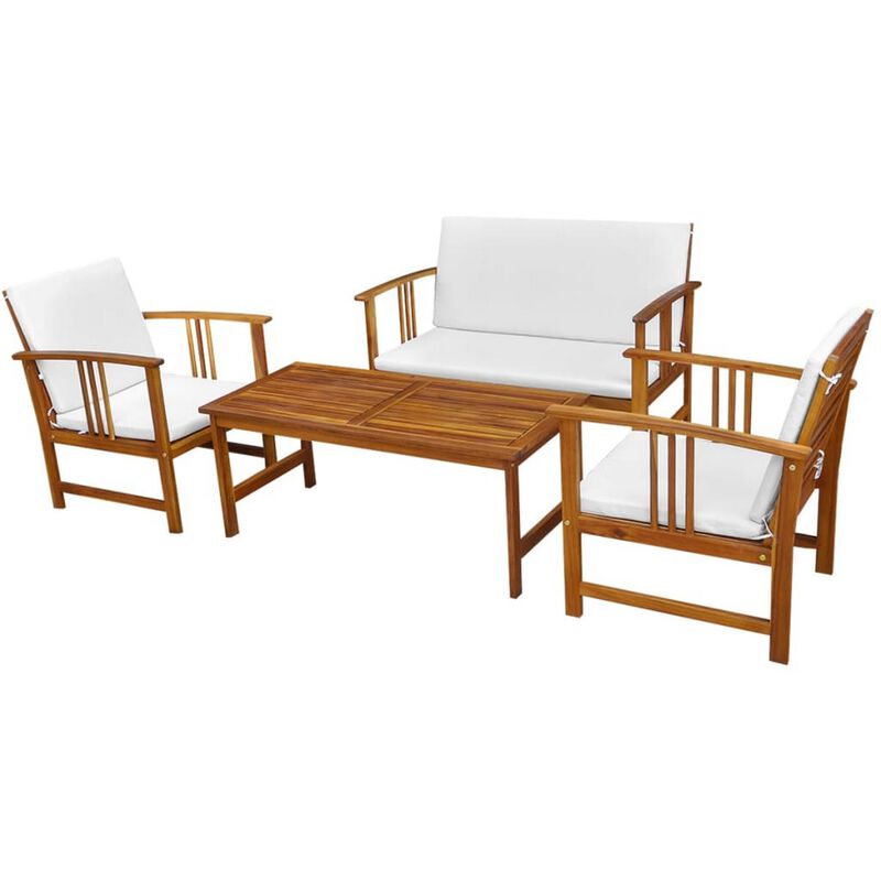 Roma 4pc Modular Outdoor Sofa and Table Set, Brown Acacia Wood, White - Benzara