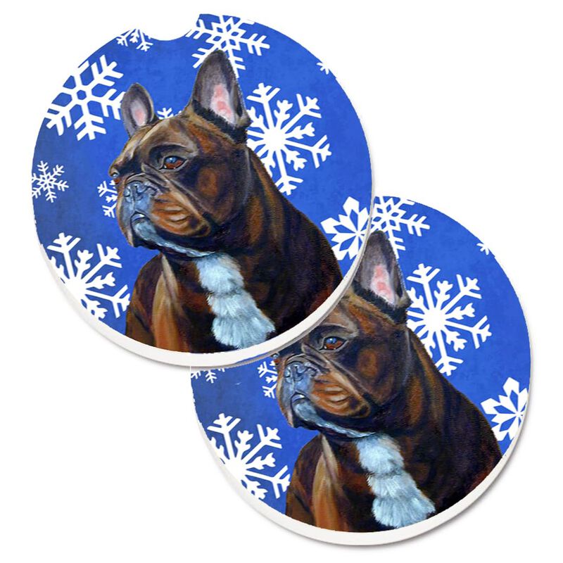 Caroline's Treasures French Bulldog Winter Snowflakes Holiday Set of 2 Cup Holder Car Coasters LH9295CARC, 2.56, Multicolor image number 0