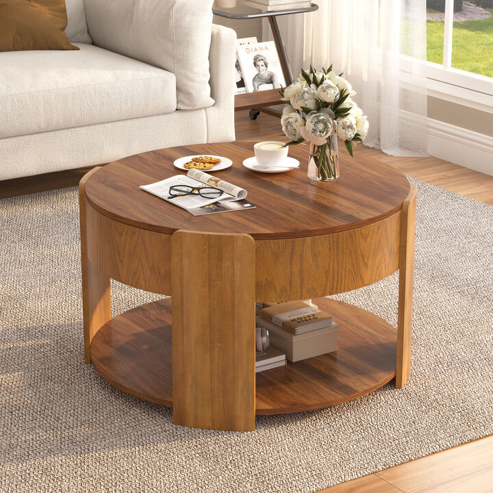Merax Round Lift-Top Coffee Table with Hidden Storage & Bottom Shelf &ndash; Wood Grain Finish