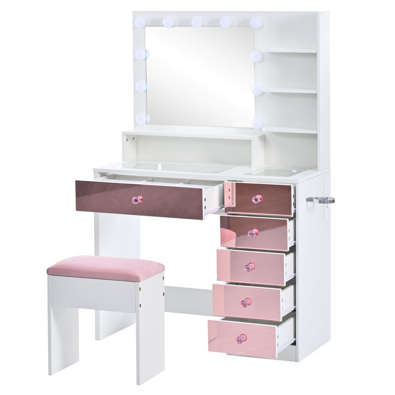 Whisen 37" Vanity Set with 11 Bulbs & 6 Drawers, Glass Top, USB Charging, MDF Dressing Table for Bedroom image number 8