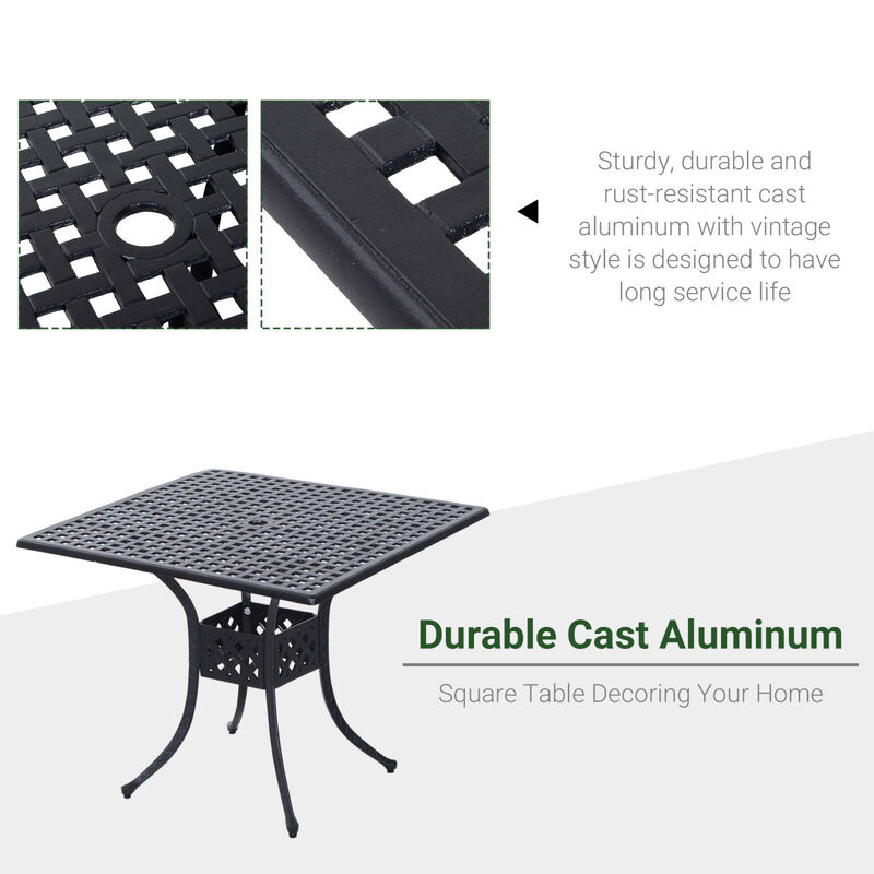 36" Square Patio Dining Table with 2" Dia Umbrella Hole, Cast Aluminum Outdoor Dining Table, Outdoor Bistro Table for Garden, Backyard, Porch, Black