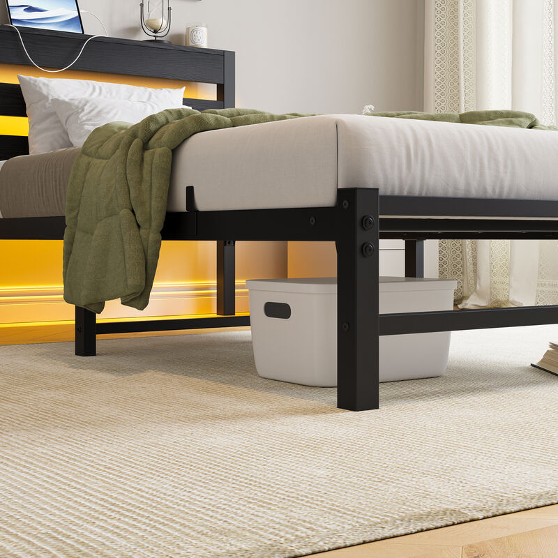 Platform Bed Frame with LED Lights & USB Charging Station, Rustic Wood Headboard, No Box Spring Needed image number 6