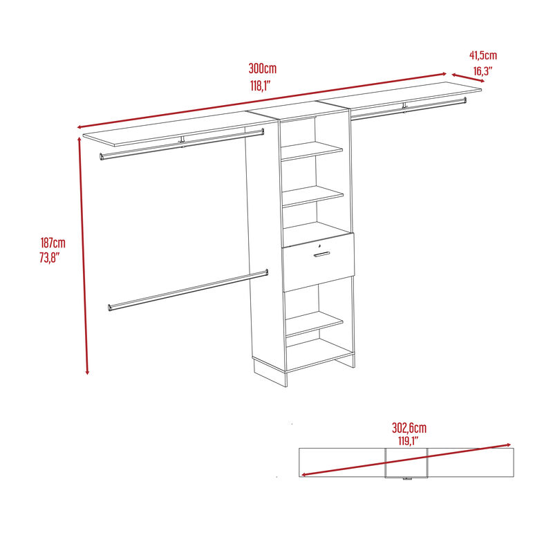 DEPOT E-SHOP Zamora 70"W - 118"W Closet System, Three Hanging Rods, Five Shelves, One Drawer, Black