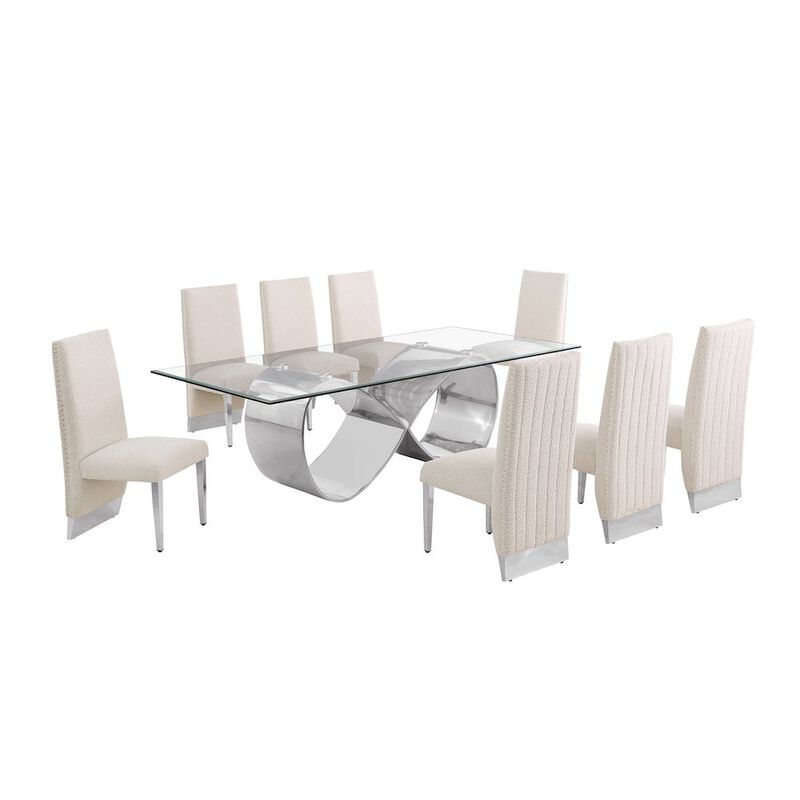 Best Quality Furniture 9Pc Tempered Glass Dining Set 8 Cream Boucle Side Chairs And Silver Base