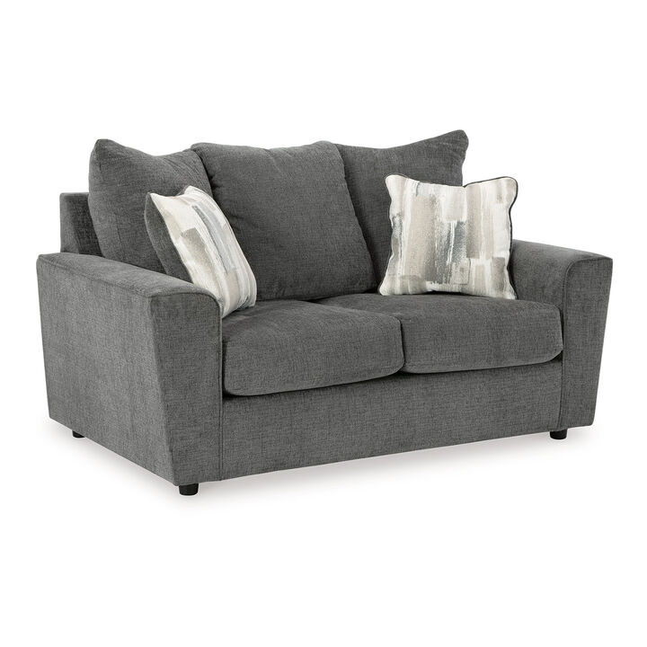 Ratty Loveseat, 63 Inch Gray Polyester, Welt Trims, 2 Throw Pillows