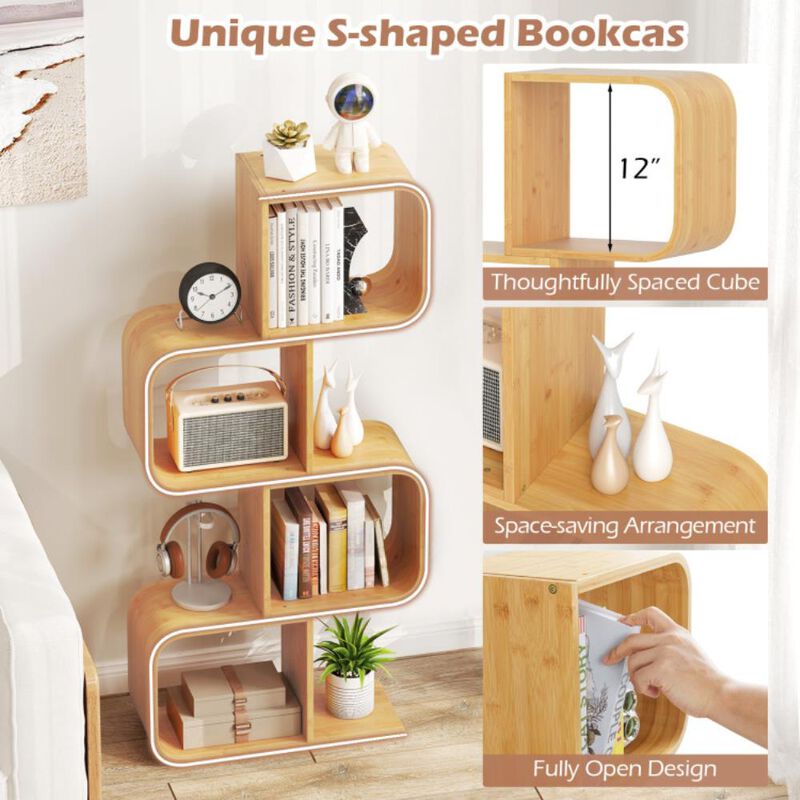Hivvago 4-Tier S-Shaped Bamboo Bookcase with 4 Open Cubes for Living Room