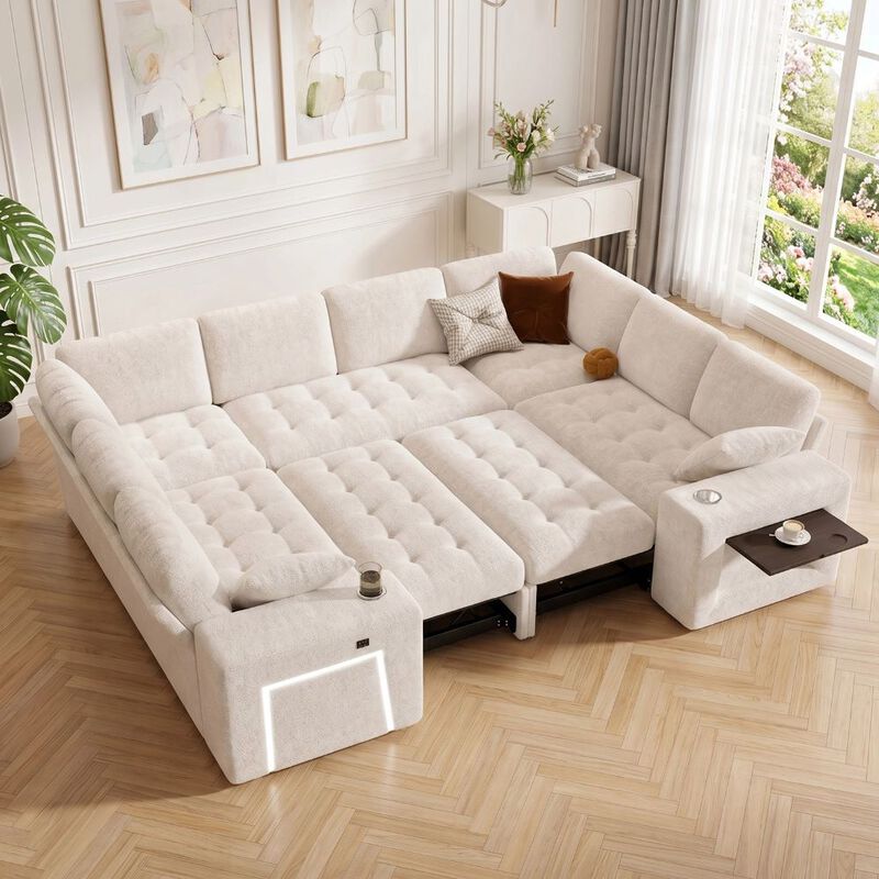 Vipbear 110" Modular Sectional Sleeper Sofa, 8-Seater Chenille U-Shaped Couch with Pull-Out Beds image number 3