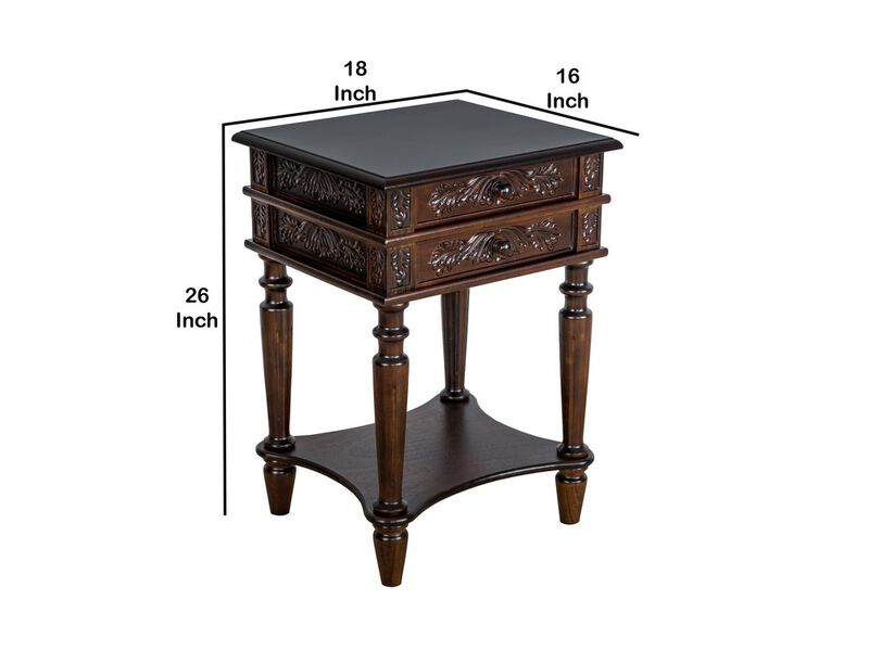 2 Drawer End Table with Intricate Carvings and Open Bottom Shelf, Brown