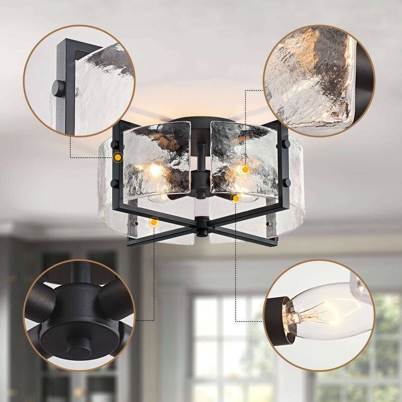 Emma Black 4-Light Metal Frame Textured Glass Panels Flush Mount image number 5