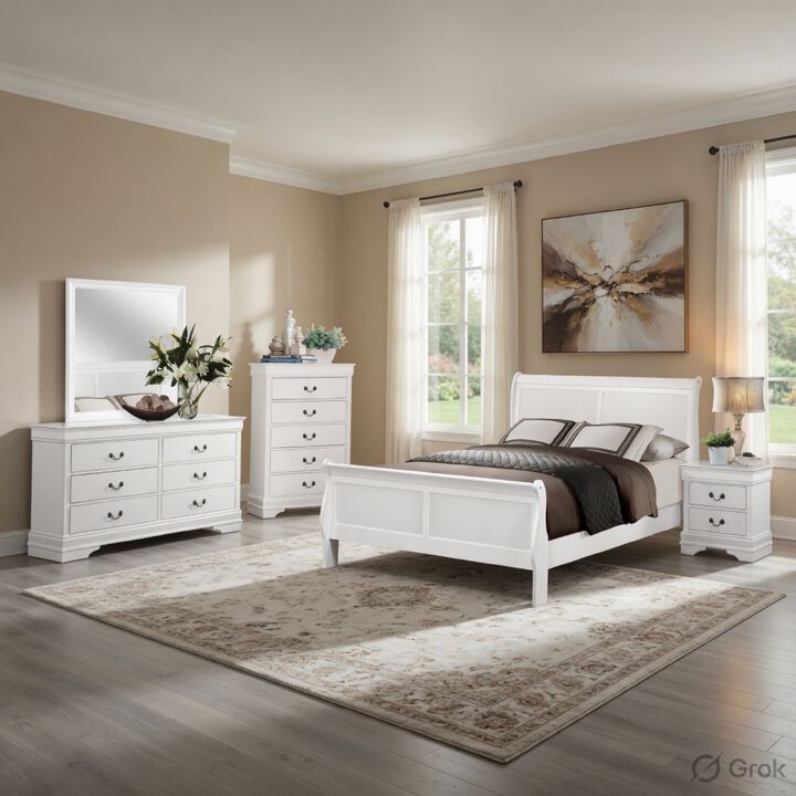 Full Size Bedroom Set, White Finish, 5-Piece Set with Bed, Dresser, Mirror, Chest and Nightstand