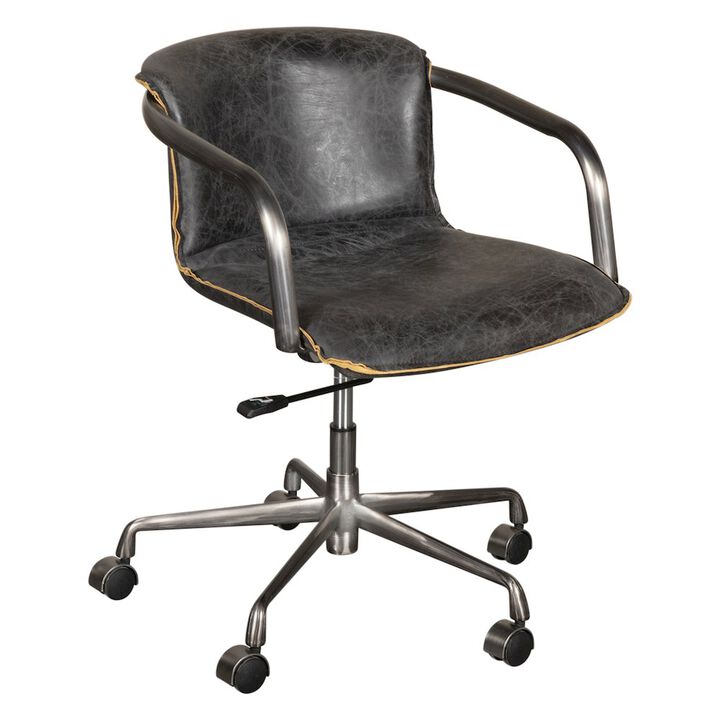 World Interiors Chiavari Swivel Office Chair in Antique Ebony Leather and Antique Zinc