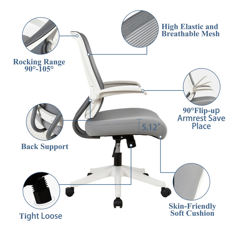 Mid-mesh task chair with flip up arms and tilt function MAX 105, 300 lbs, Grey with white frame