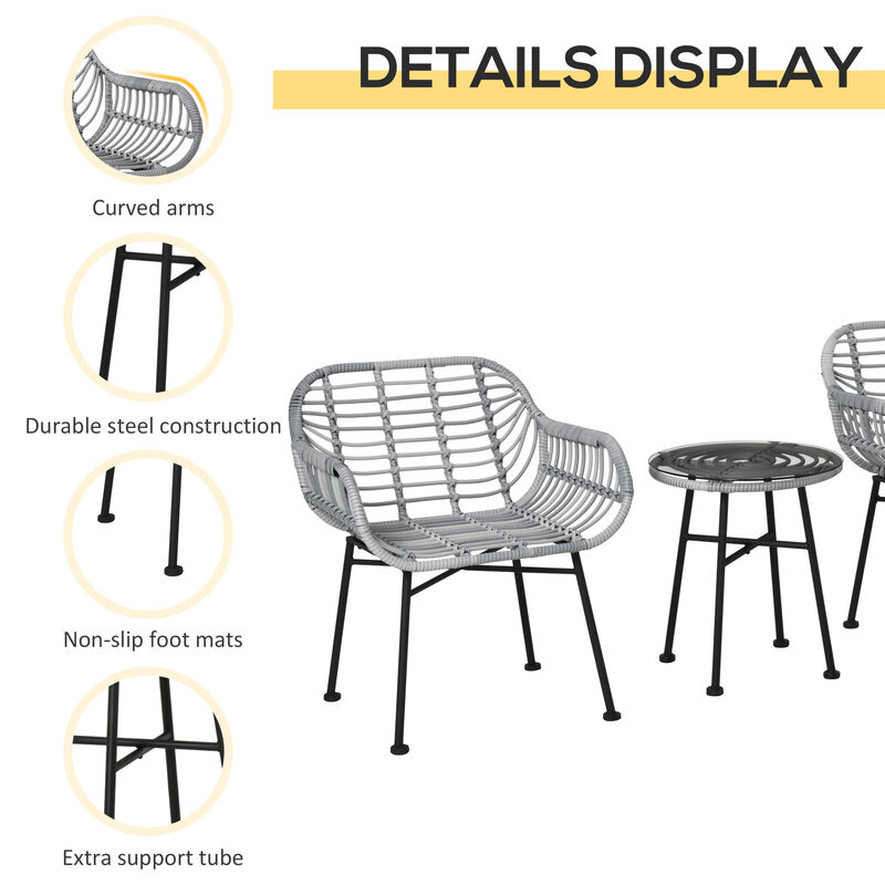 3-Piece Rattan Bistro Outdoor Table & Chairs Furniture Patio Set, Garden, Grey