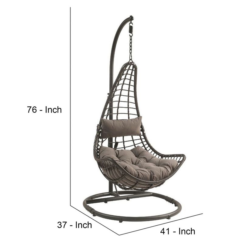 Patio Hanging Chair with Tear Drop Shape and Thick Cushions, Gray - Benzara