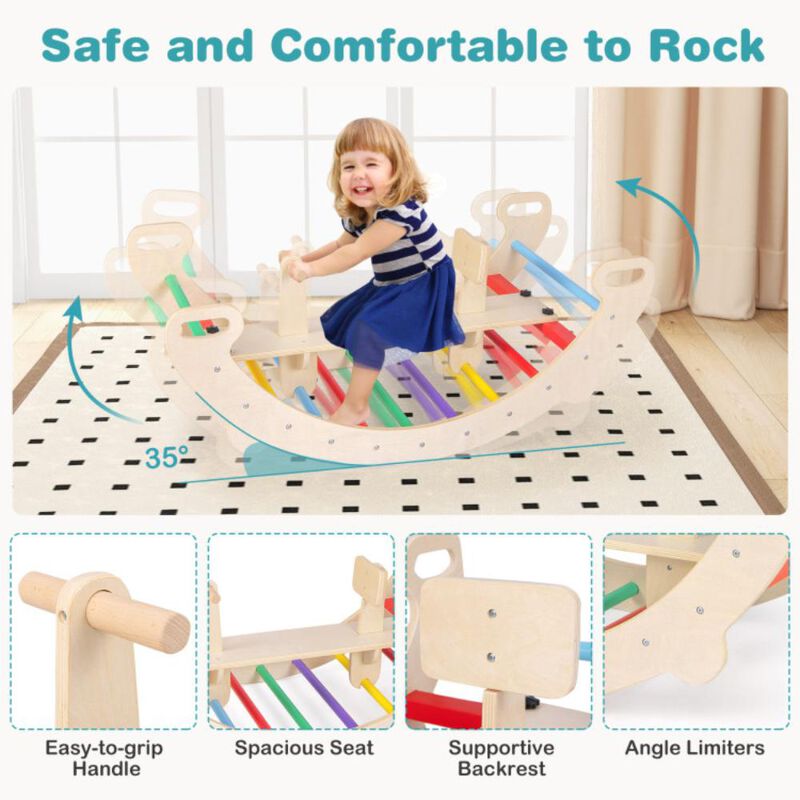 Hivvago 4-in-1 Multifunctional Wooden Climbing Toys with Rocker and Crawling Tunnel
