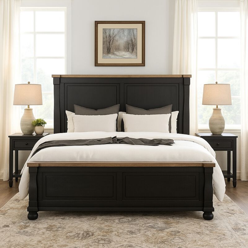 Ginie King Bed, Tall Headboard, Farmhouse Legs, Black Oak Brown Oak - Benzara
