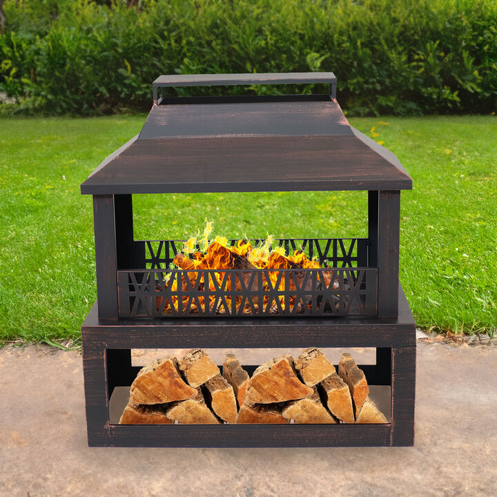 Sunnydaze 32 in Steel Outdoor Fireplace with Log Storage - Brushed Bronze