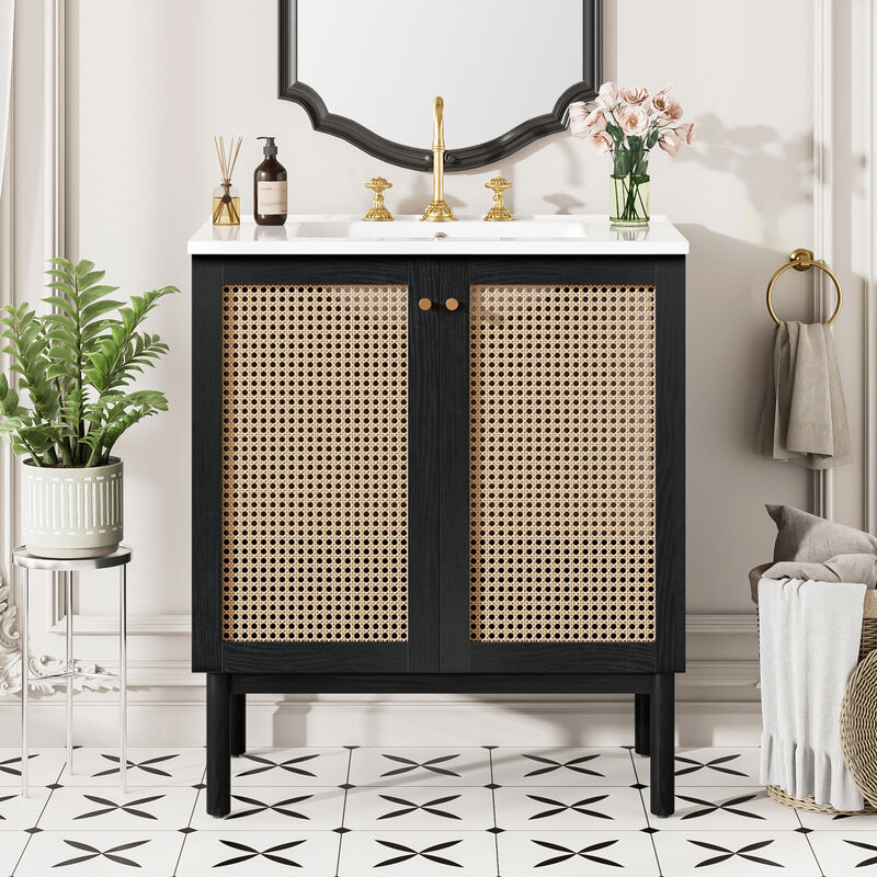 ELEMENT ACE Space-Saving Natural Bamboo Vanity with Handwoven Rattan Doors image number 1