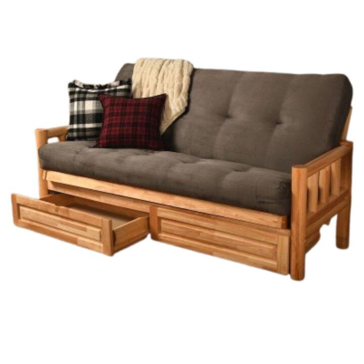 Lodge Frame-Natural Finish-Suede Gray Mattress-Storage Drawers