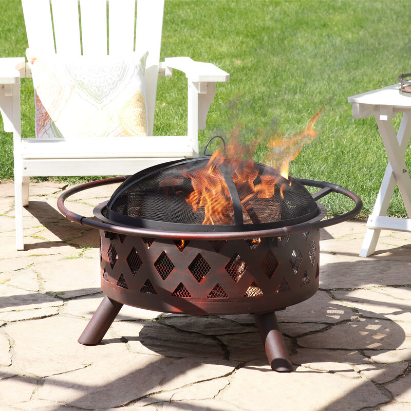 Sunnydaze 36 in Crossweave Steel Fire Pit with Screen, Poker, and Grate