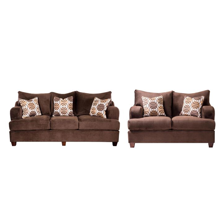 Roswell Sofa Loveseat Set, Chocolate Brown Chenille, 5 Accent Pillows - Benzara